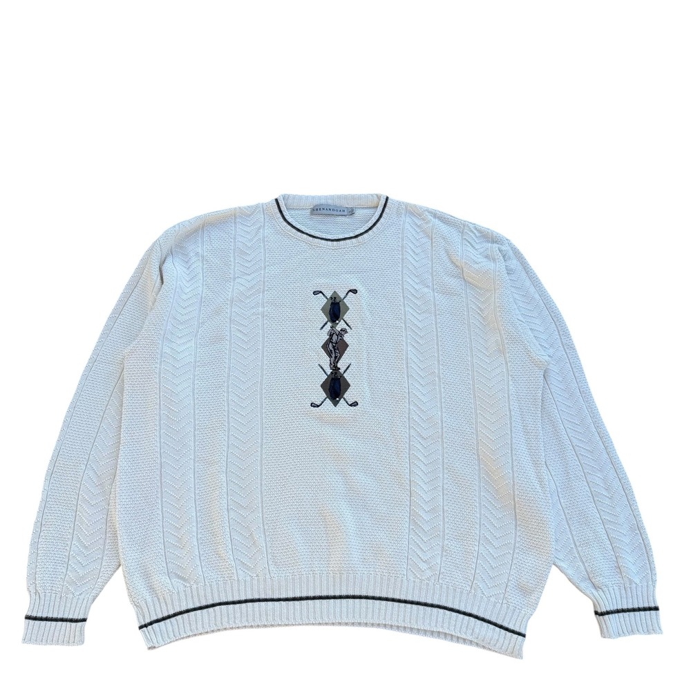 Vintage Shenandoah Mens Golf‎ Graphic Sweater XL White Cable Knit Crewneck USA